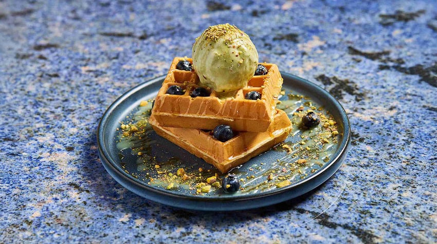 two waffles with blueberries and pistachio ice cream